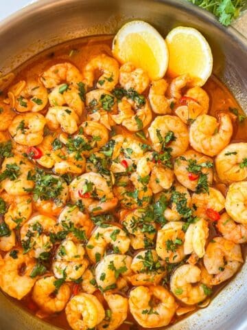 POrtuguese Shrimp in a pan.