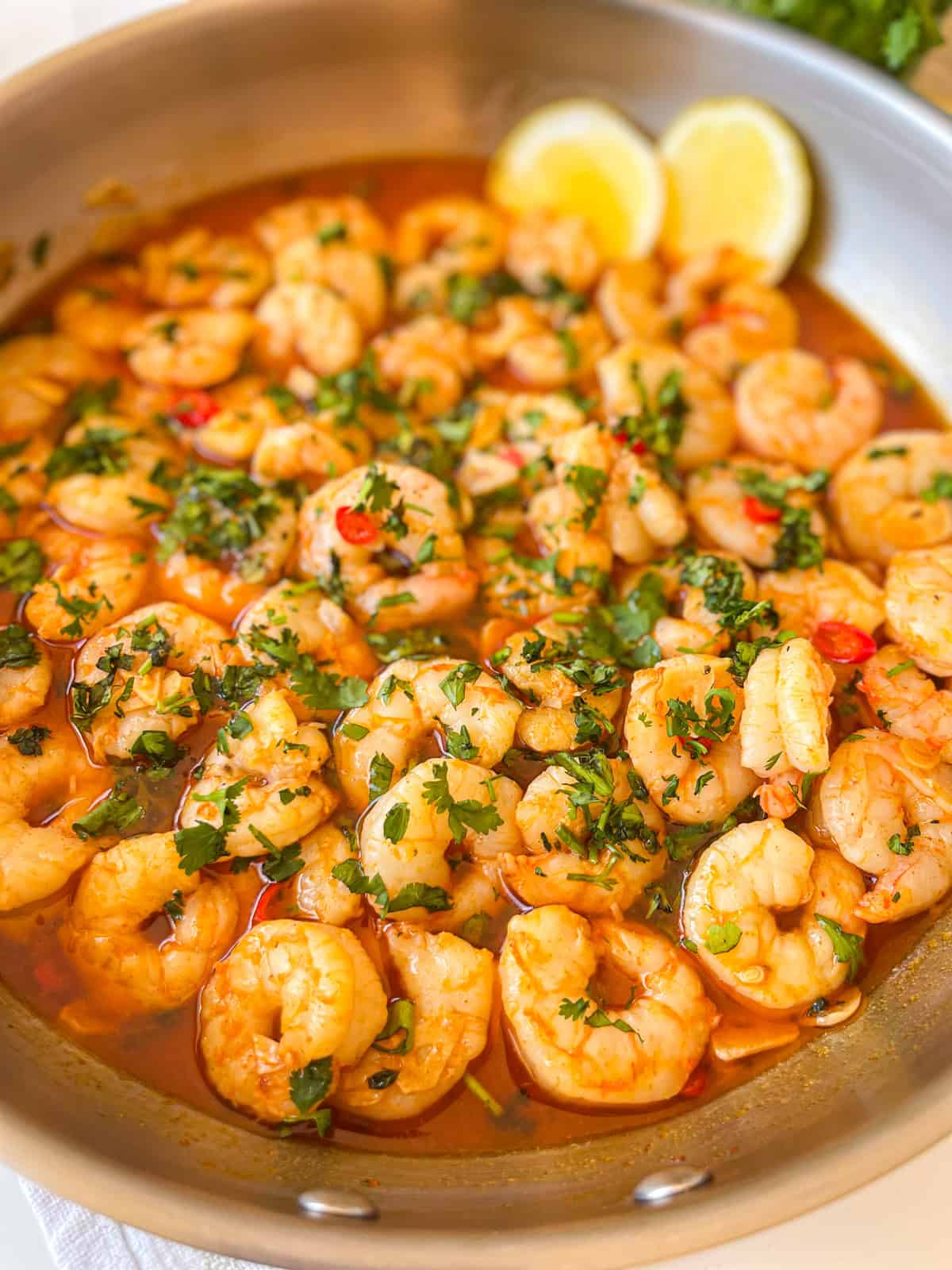 POrtuguese Shrimp in a pan.
