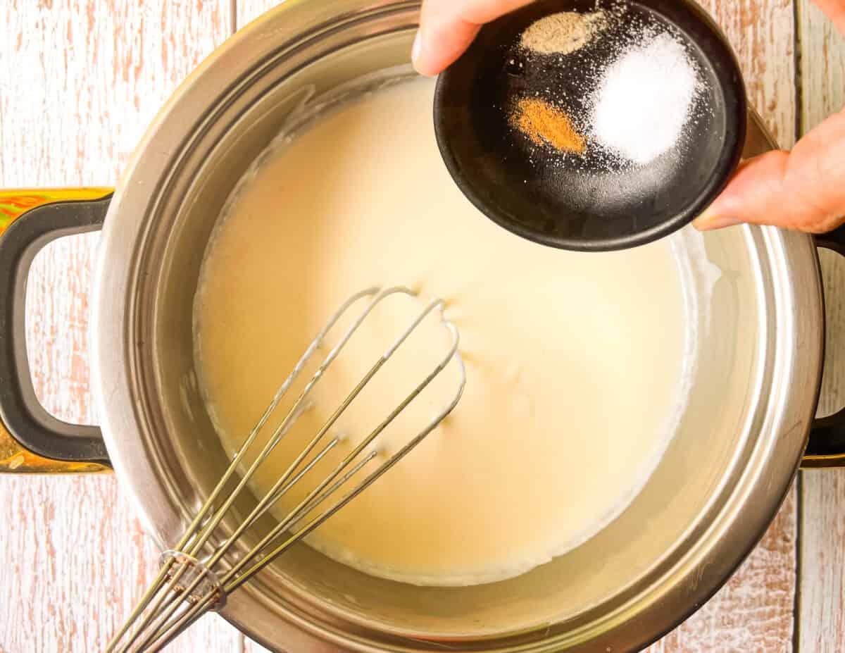 salt, white pepper and nutmeg added to the sauce.