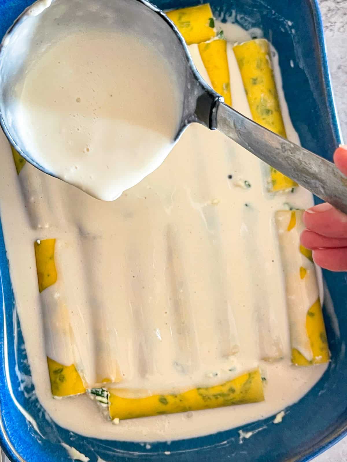 ladling creamy sherry béchamel sauce over stuffed cannelloni shells in a casserole dish.