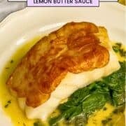 Pinterest pin showing chilean sea bass fillet with spinach and lemon herb sauce.
