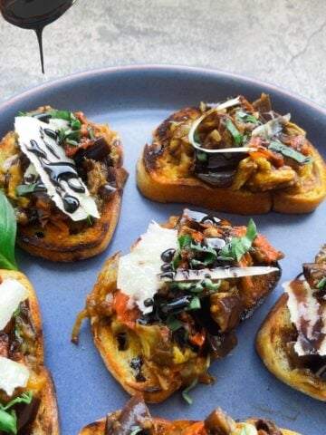 roasted eggplant bruschetta on a platter