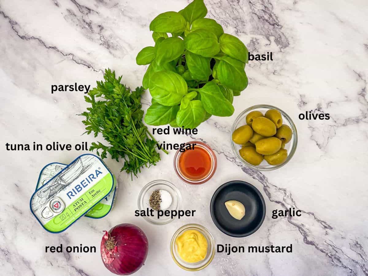 Ingredients for recipe laid out on counter and labeled
