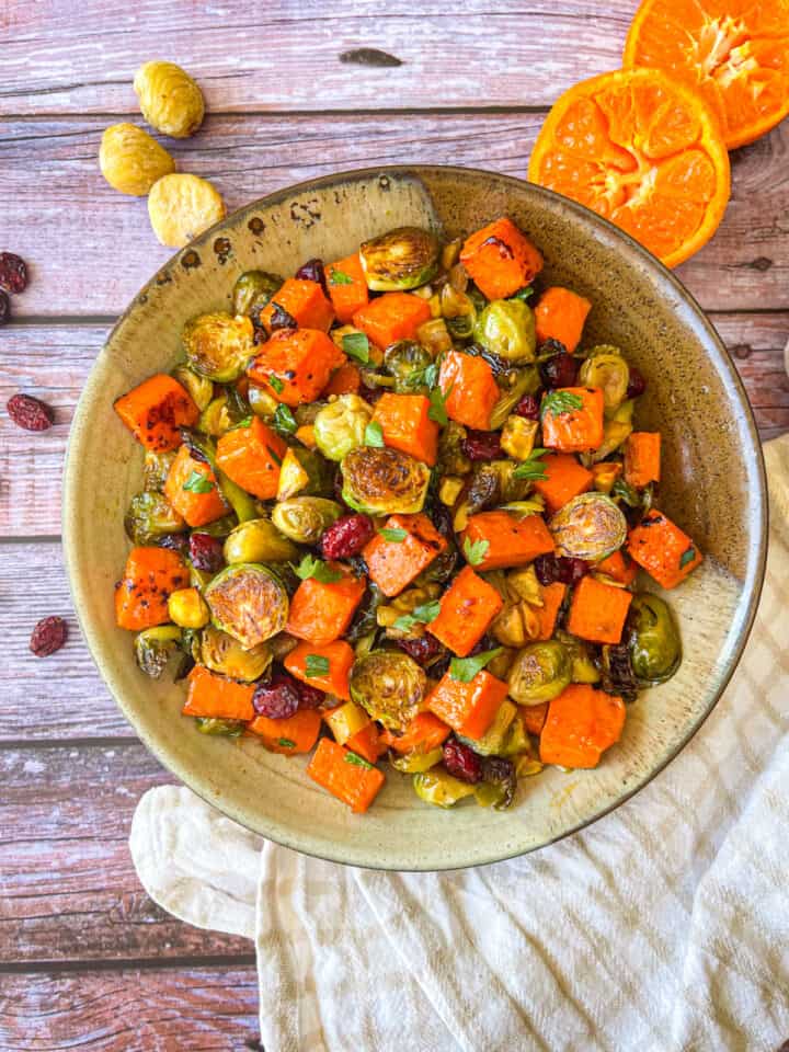 Maple Roasted Sweet Potatoes & Brussels Sprouts with Chestnuts