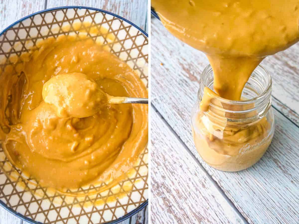 peanut sauce stirred in a bowl and poured into a jar