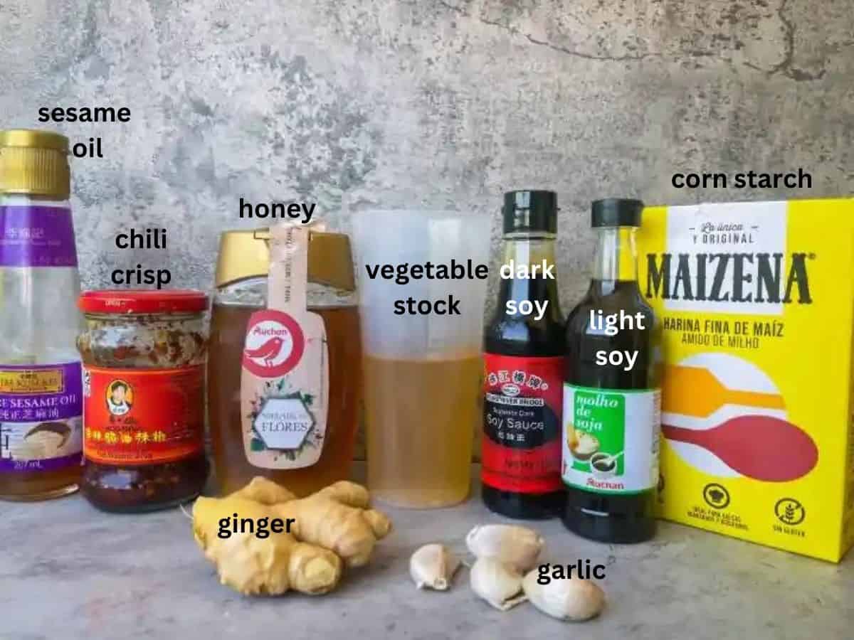 ingredients for recipe laid out on a counter and labeled