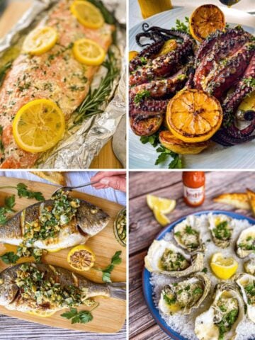 pics of 4 different seafood dishes on a poster