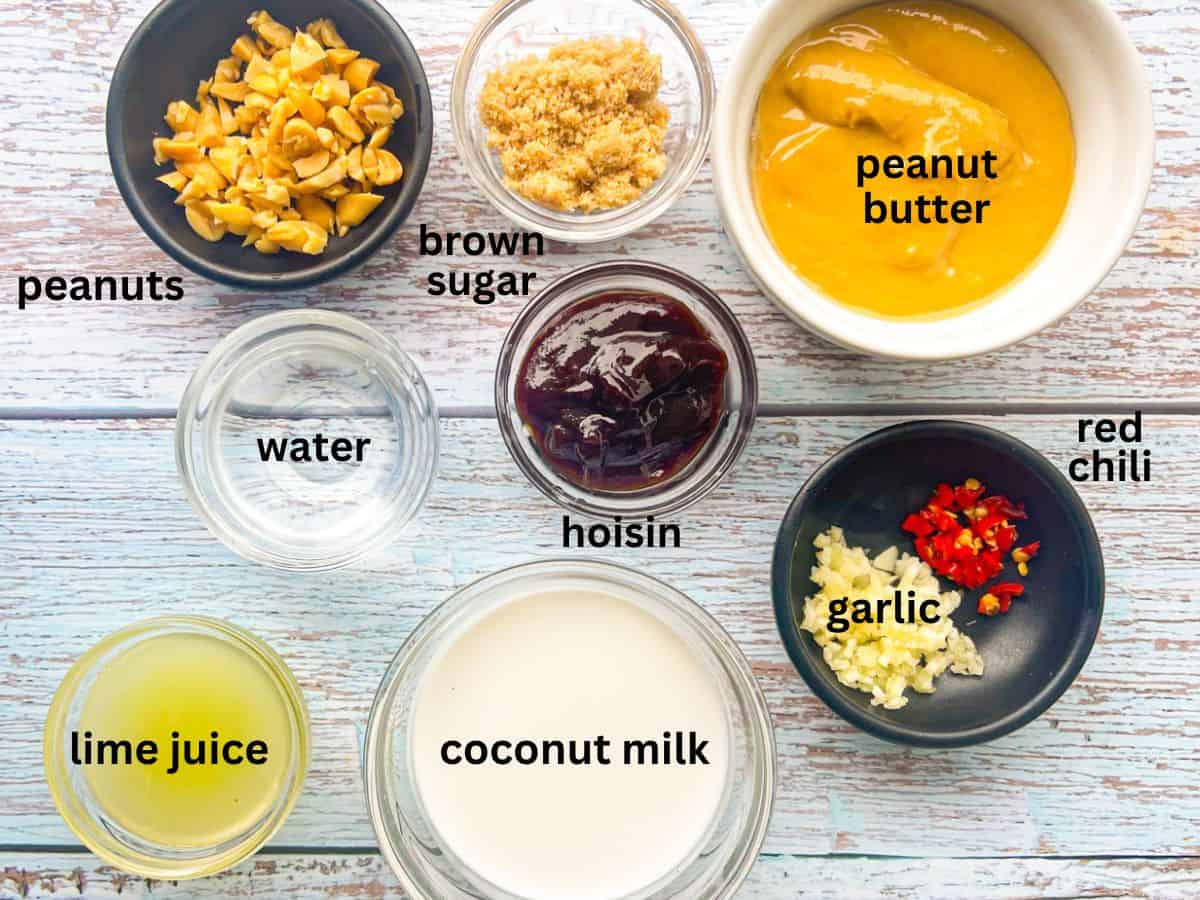 ingredients for recipe laid out on a table and labeled.