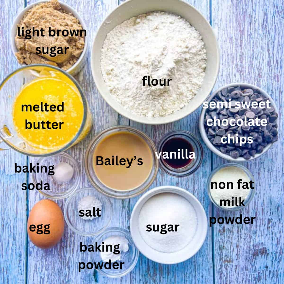 Ingredients for Bailey's chocolate chip cookie on a table.