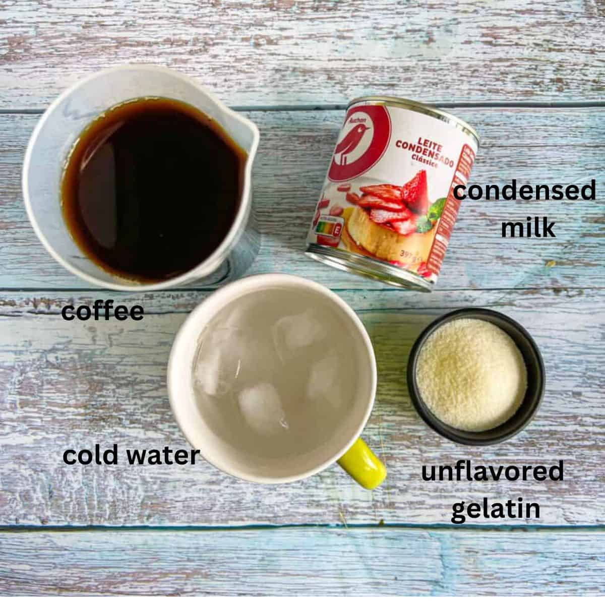 Ingredients for coffee jello on a table.