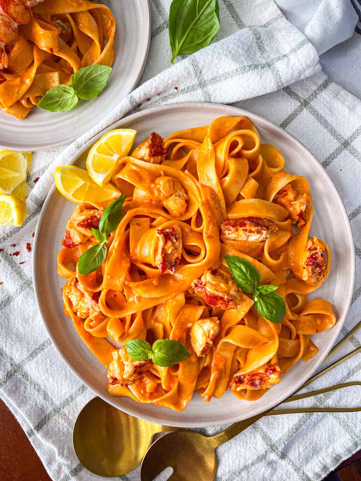 Lobster pasta on a large white platter