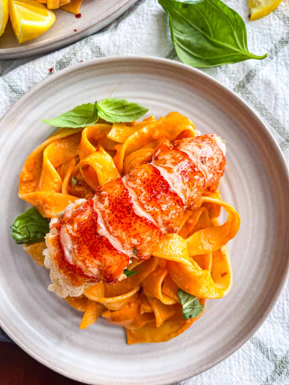 Lobster on a bed of tomato pasta in a white plate.