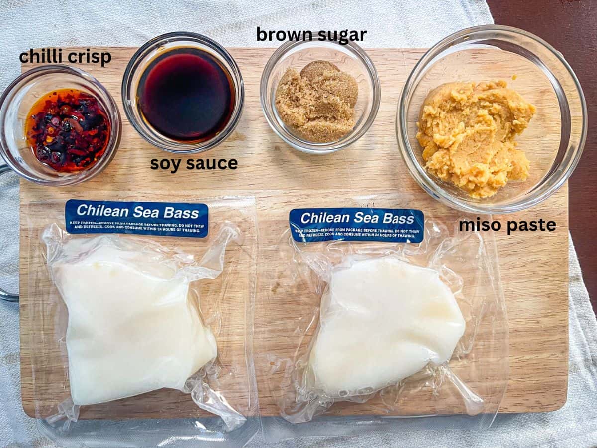 Ingredients for miso sea bass laid out on a table.