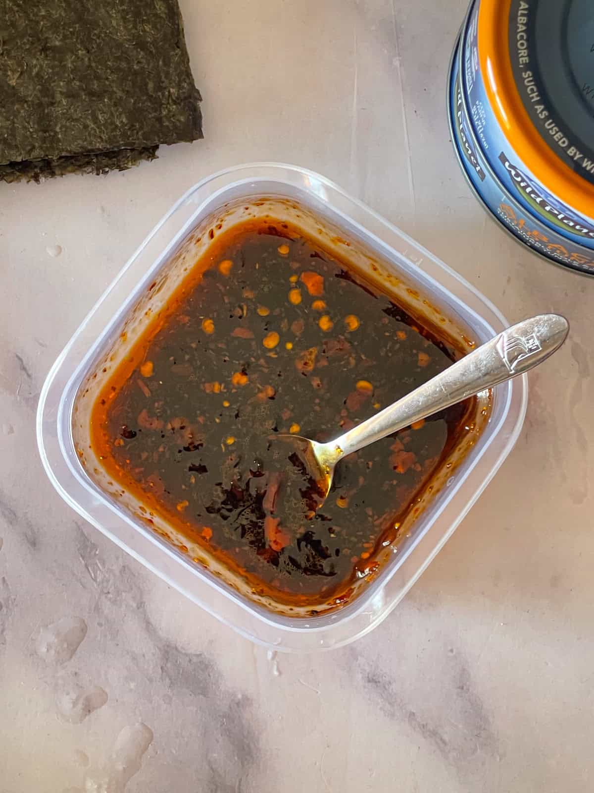 Sauce for recipe in a container.