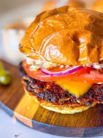 Canned Salmon Smash Burger on a platter.