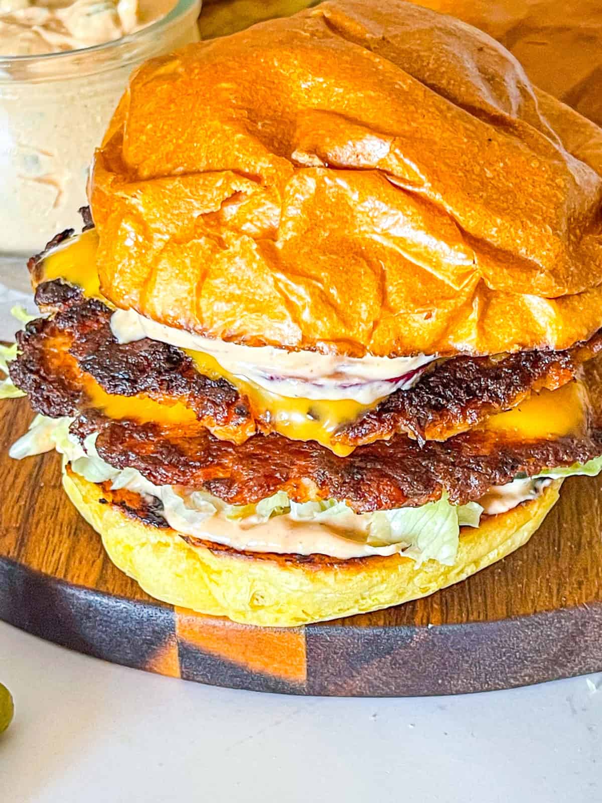 Salmon Burger on a tray.