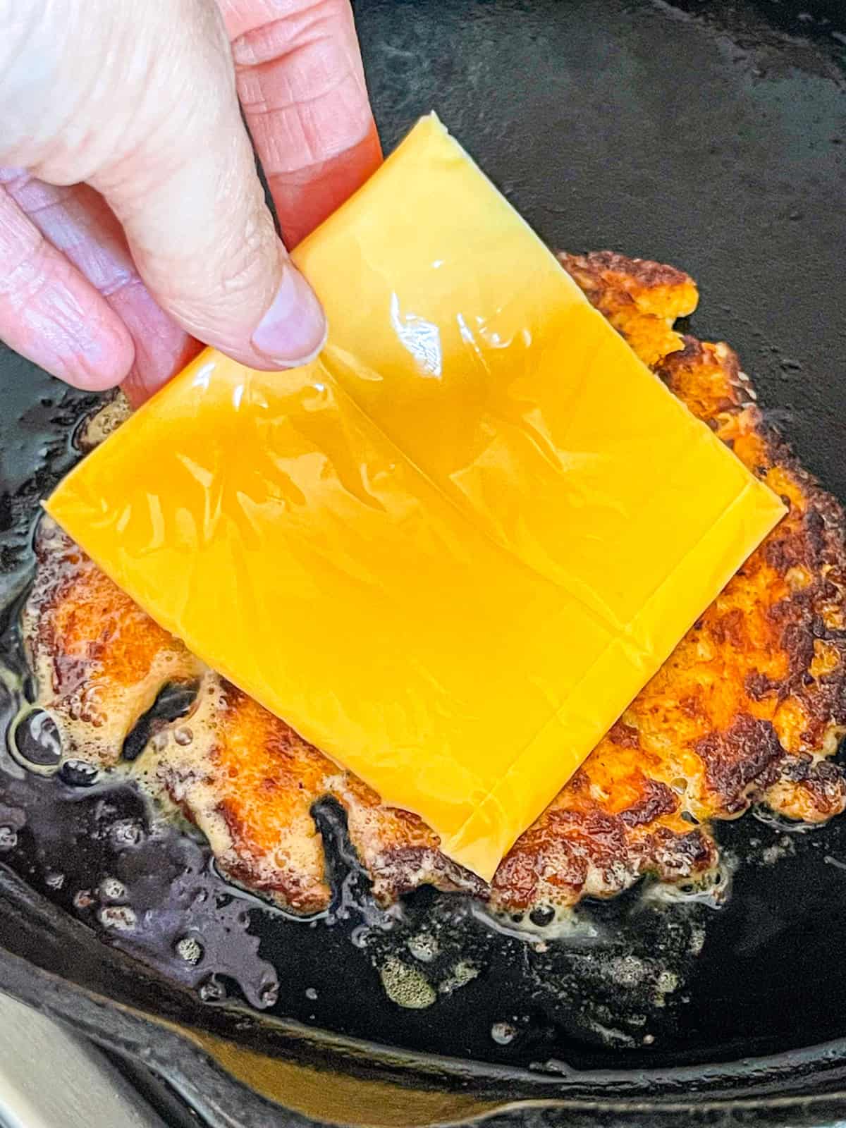 cheese placed on top of salmon burger.