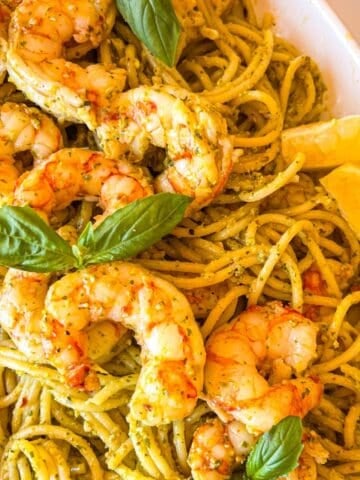 Pesto shrimp pasta in a platter.