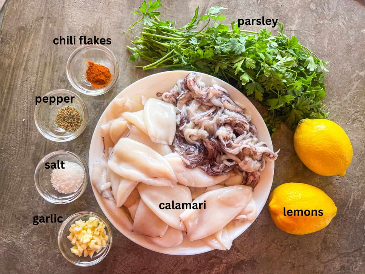 Ingredients for grilled calamari on a table.