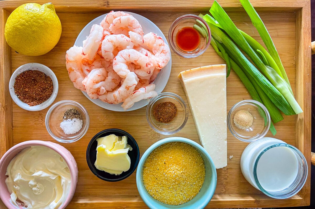 Ingredients for shrimp and grits app on a table.