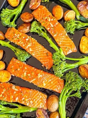 Garlic Herb Marinated Salmon with broccoli and potatoes.