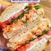 Photo of sliced open smoked salmon sandwich with ricotta.