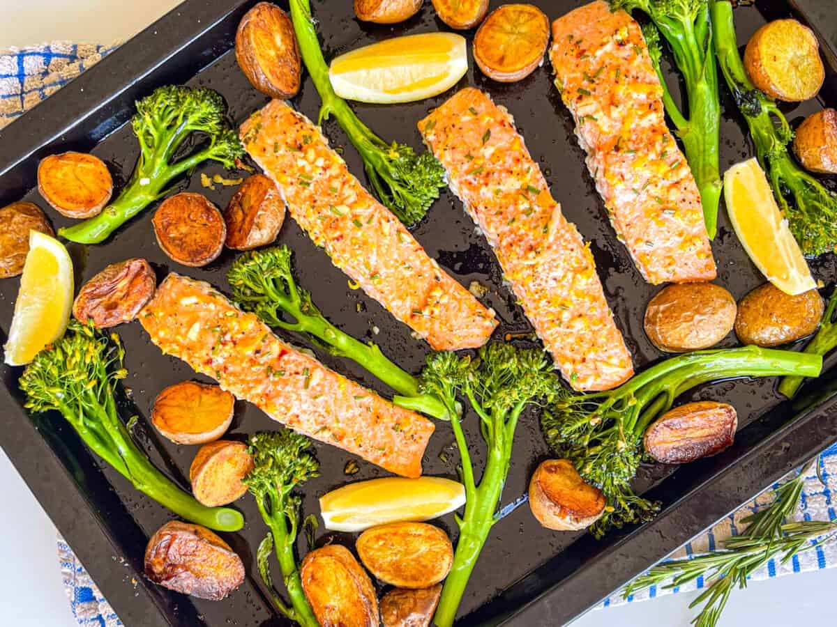 Garlic Herb Marinated Salmon with Roasted Potatoes and Broccolini