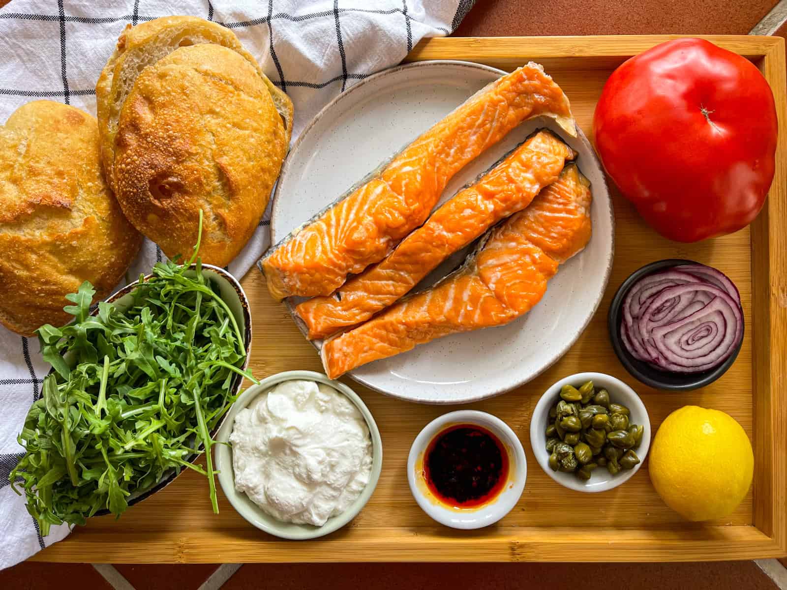 ingredients for sandwich laid out on the kitchen counter.