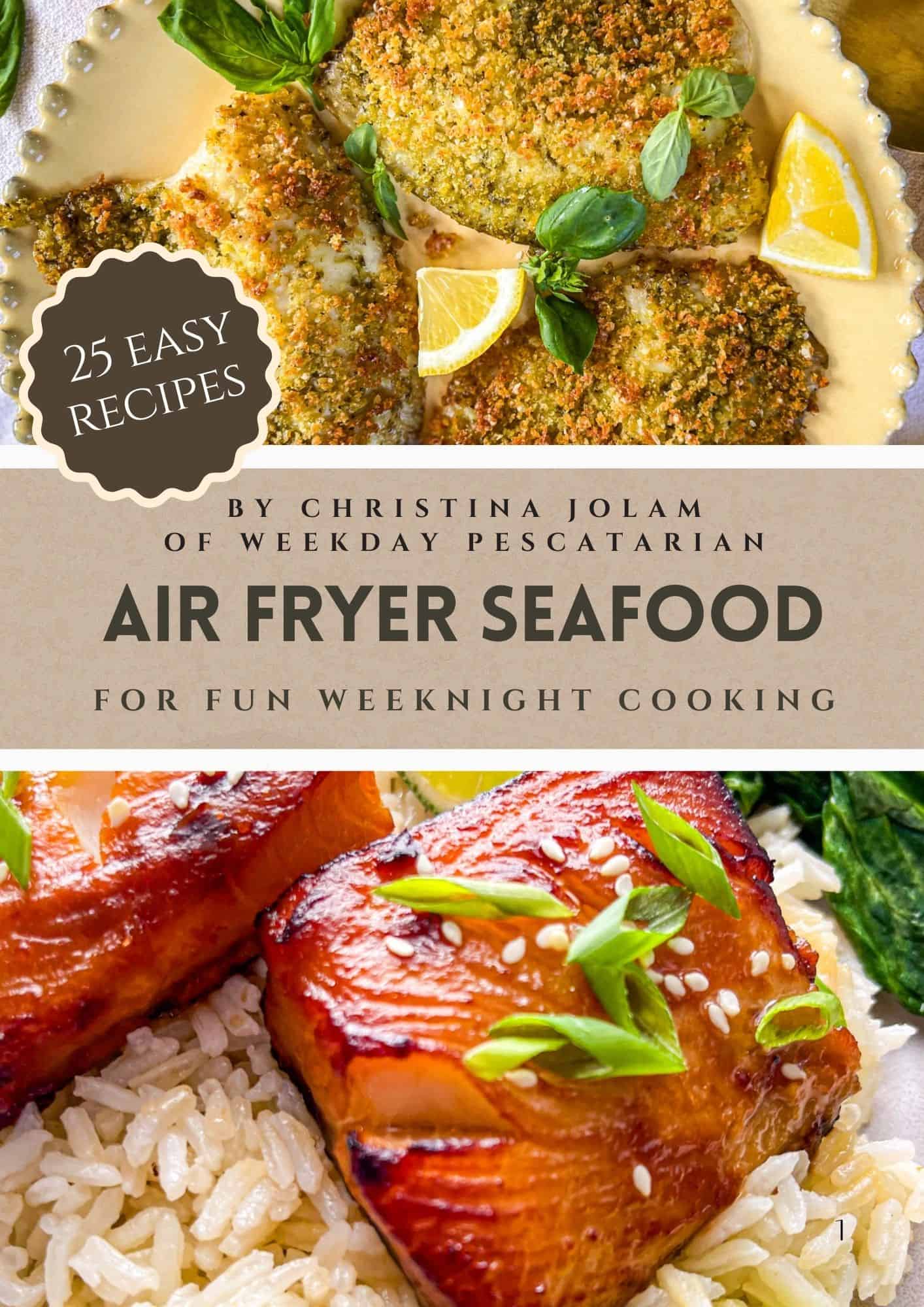 cover of air fryer seafood book with two fish recipes plated with lemons and fresh herbs.