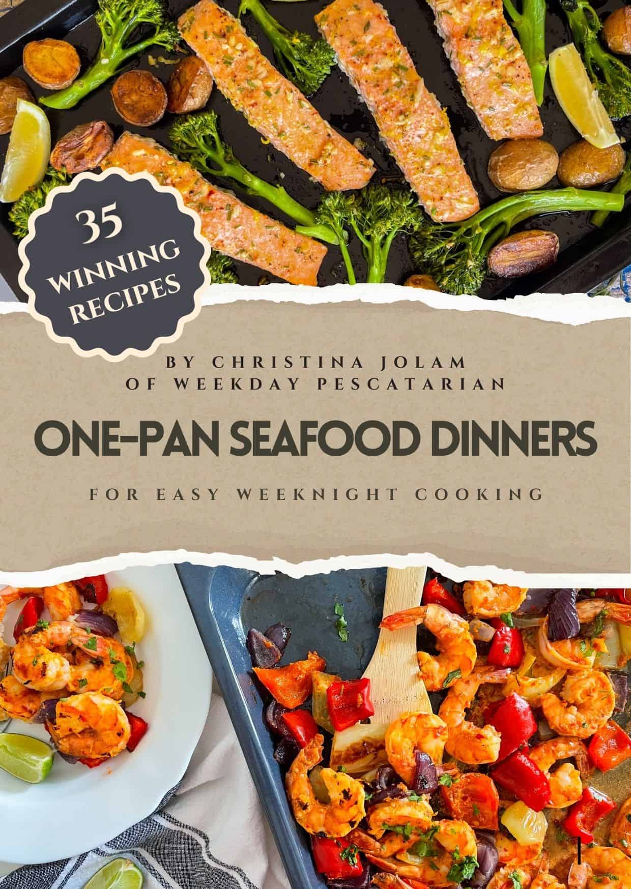 cover page of one-pan-seafood ebook showing two sheet pan dinners.