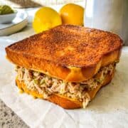 Air Fryer tuna melt on a table.