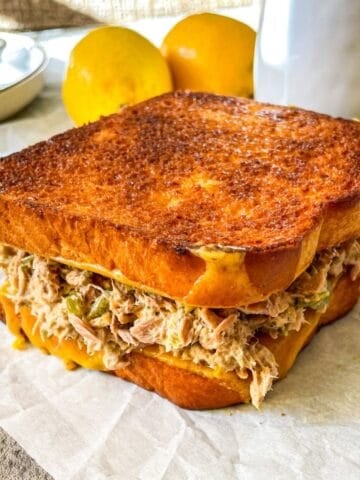 Air Fryer tuna melt on a table.