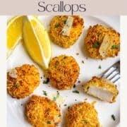 Air fryer scallops on a plater with a fork.