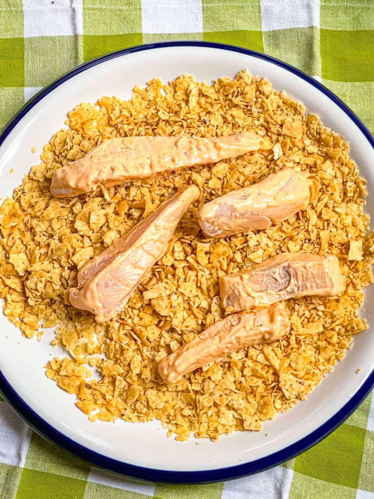 fish on top of crumbs.