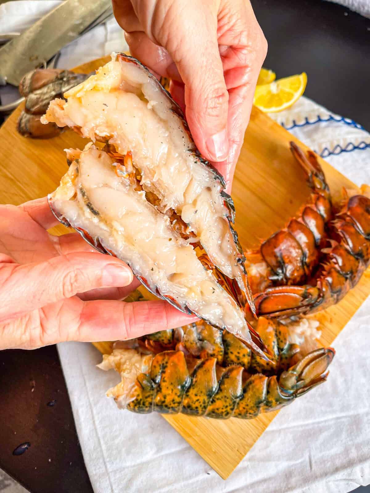 Lobster split open into half .