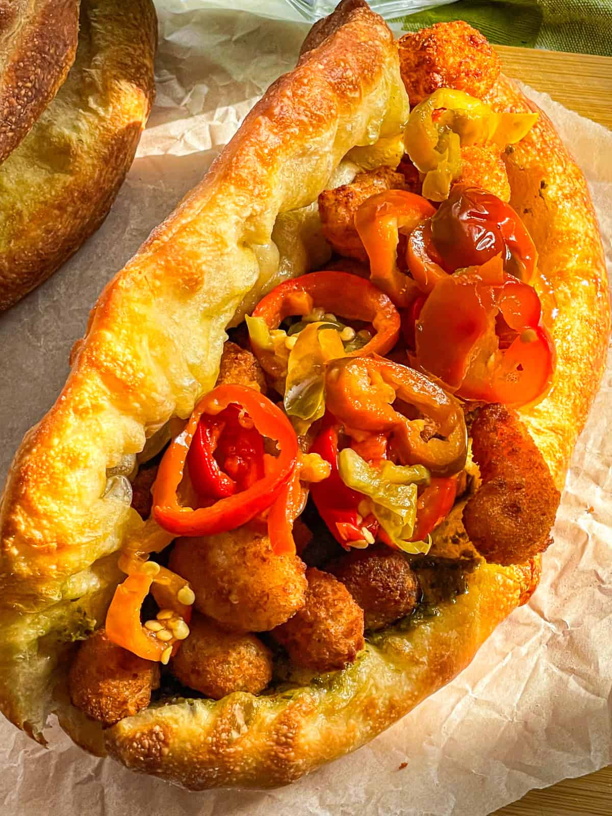 Peppers and Shrimp placed in sandwich bread.
