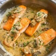 Salmon Marsala in skillet.