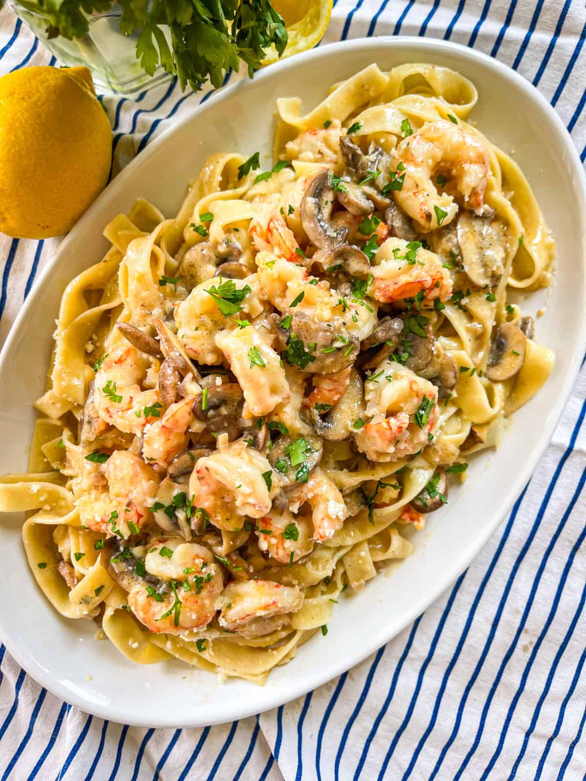 Shrimp Marsala Pasta on a platter