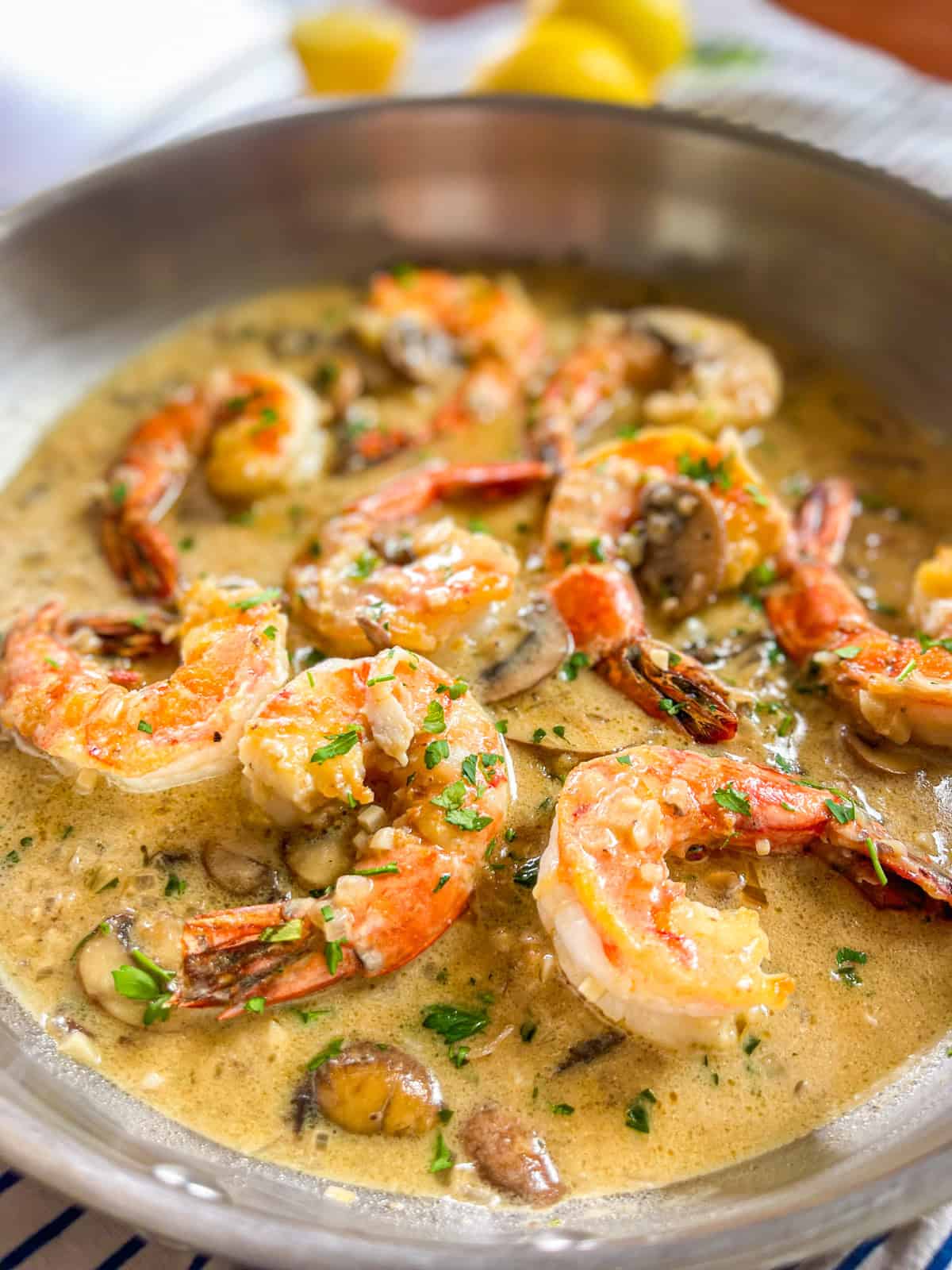 Shrimp Marsala in a skillet.