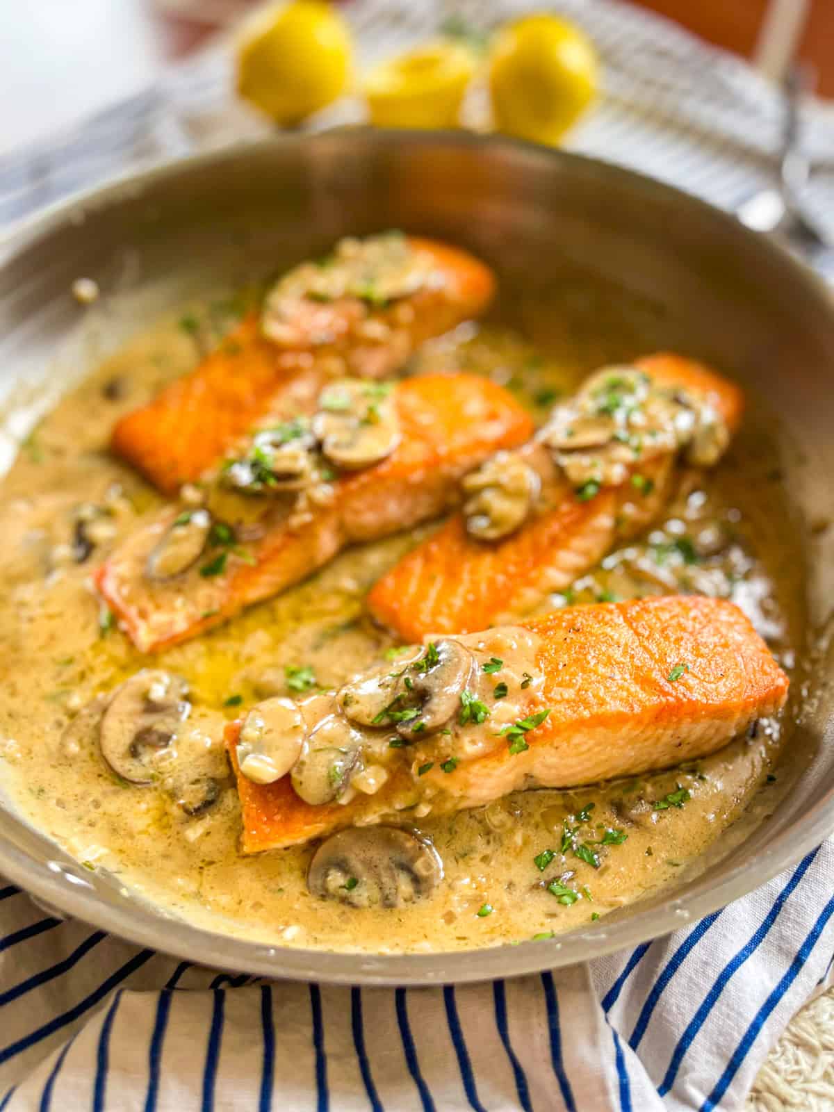 Salmon Marsala in skillet.