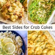 a plate of crab cakes with three delicious side dishes.