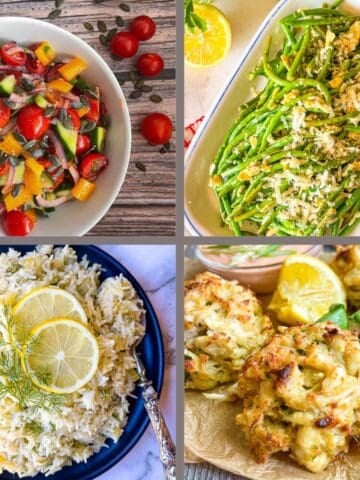 collage of three sides for crab cakes and a pile of broiled crab cakes with lemon and sauce.