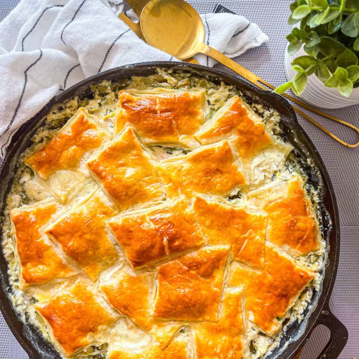 Salmon Pie Recipe in a cast iron skillet.