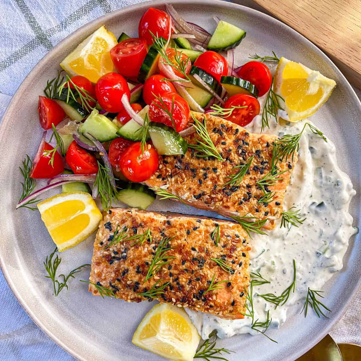 Coho Salmon over tzatziki with fresh dill.