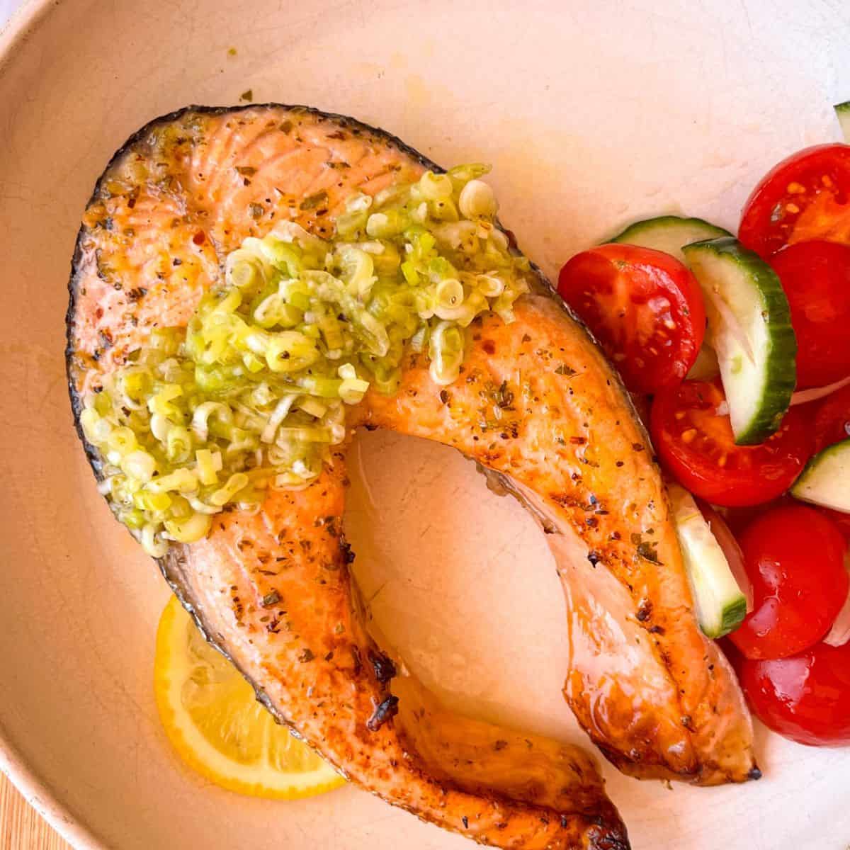 Greek Salmon Steak Recipe with scallion relish.