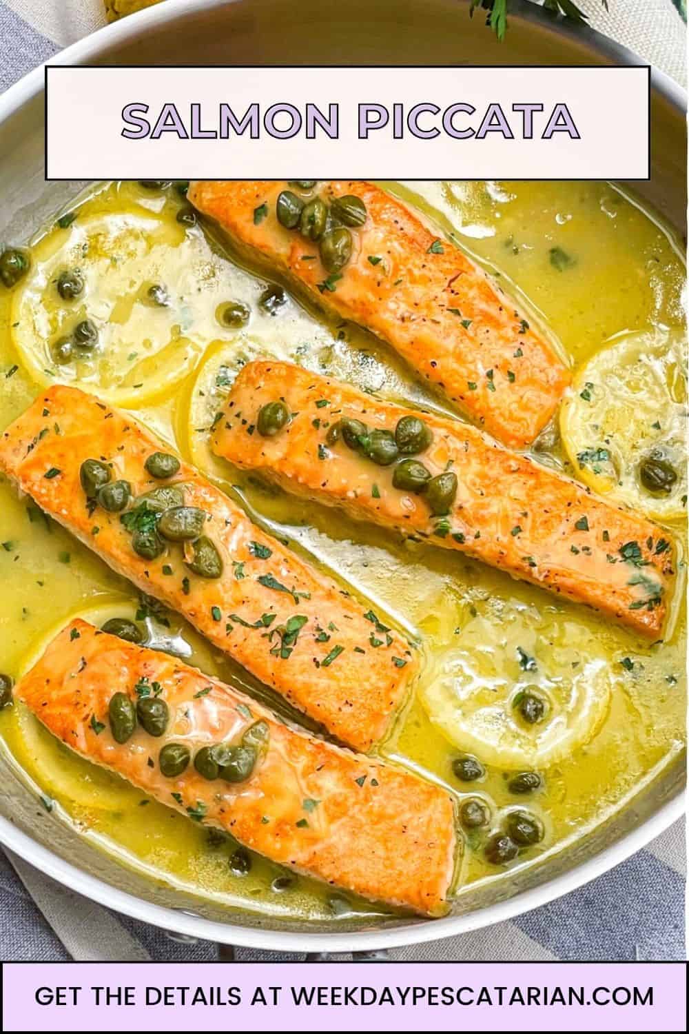 Salmon in lemon caper sauce in a skillet