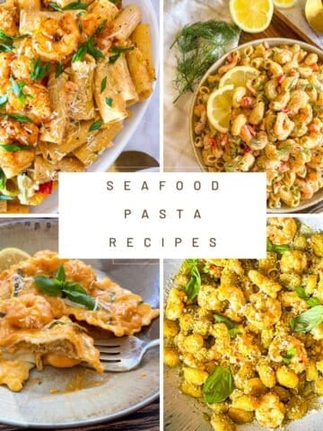 Collage of seafood pasta dishes.