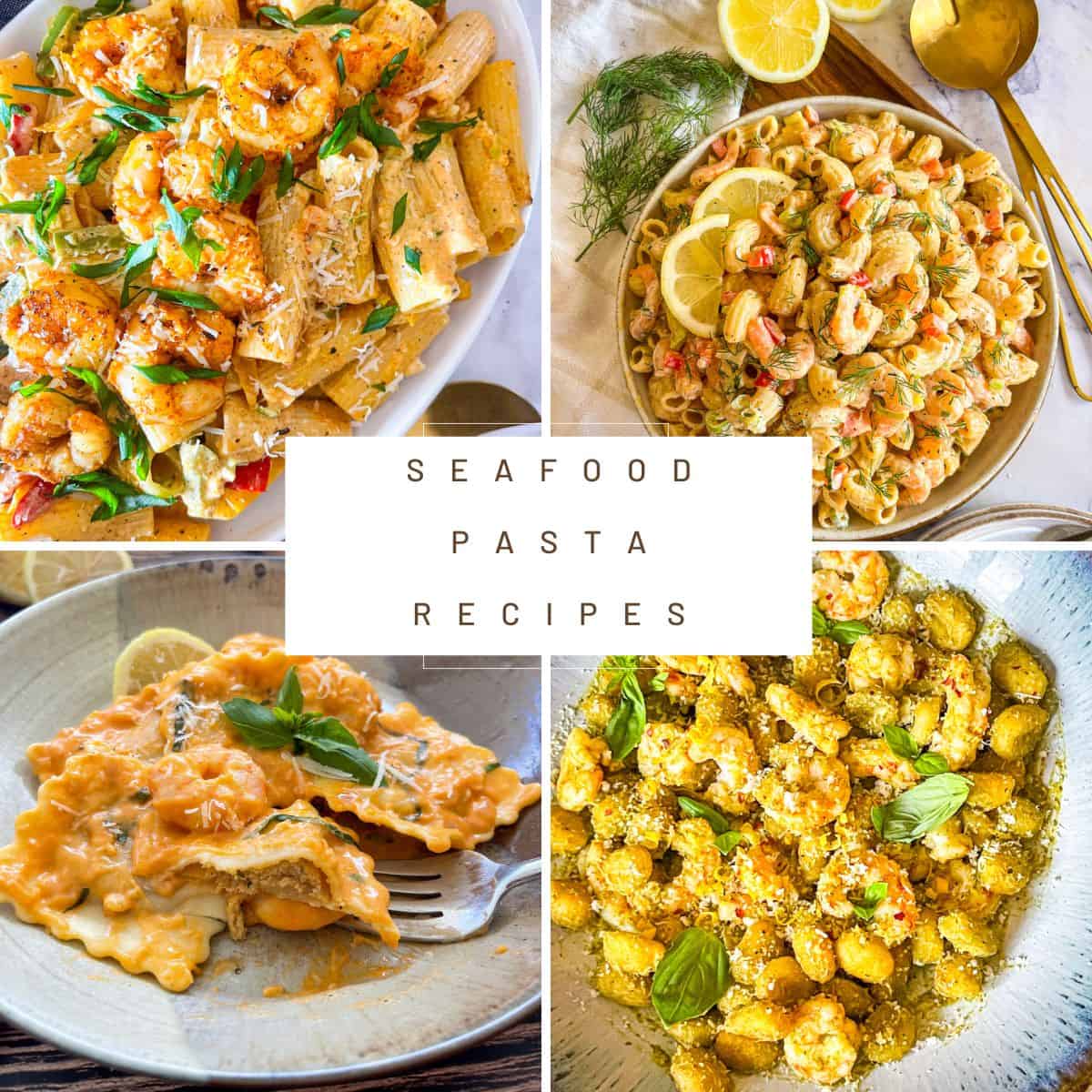 Collage of seafood pasta dishes.