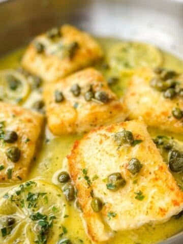 Cod Piccata in a pan.