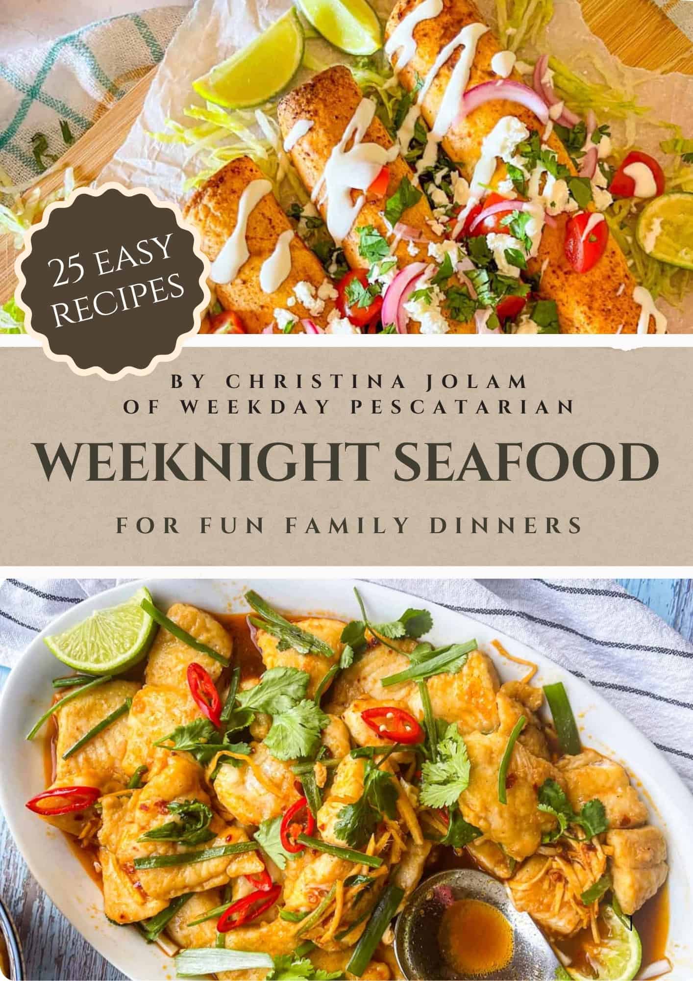 Weeknight Seafood Digital Cookbook Cover including two seafood recipes.